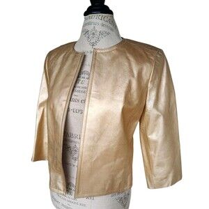 Linda Allard Ellen Tracy Gold Leather Open Blazer 12P Petite Cosplay